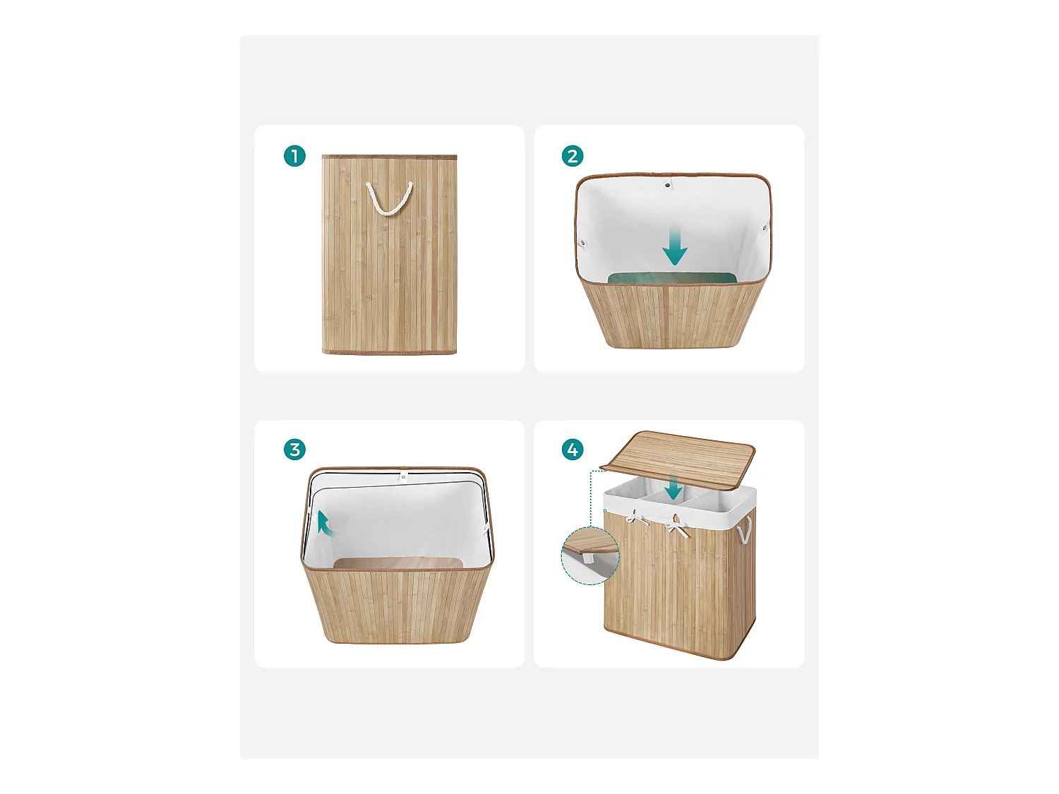 Panier à linge Valora en bambou naturel 3 compartiments 150 L avec couvercle