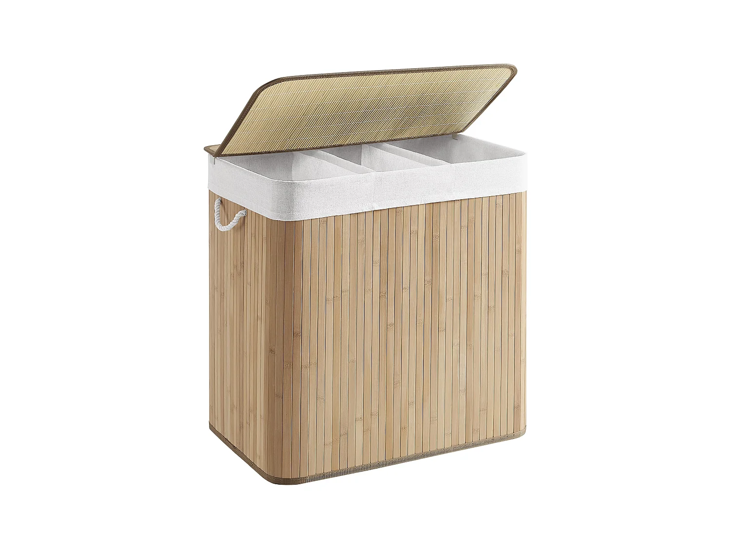 Cesto de roupa de bambu natural Valora com 3 compartimentos, 150 L e tampa