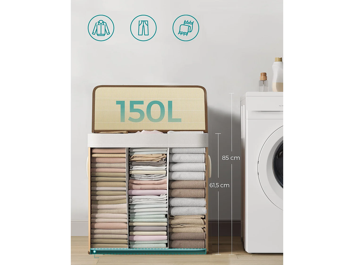 Cesta para la colada de bambú natural Valora de 3 compartimentos y 150 l con tapa