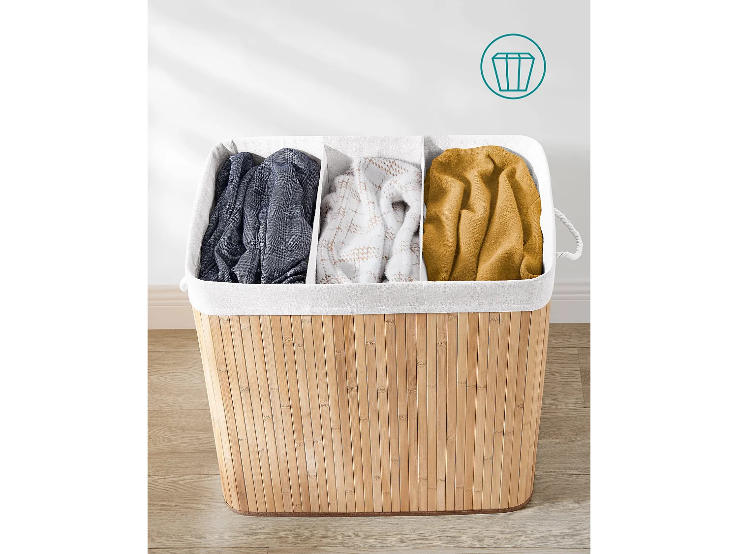 Cesta para la colada de bambú natural Valora de 3 compartimentos y 150 l con tapa