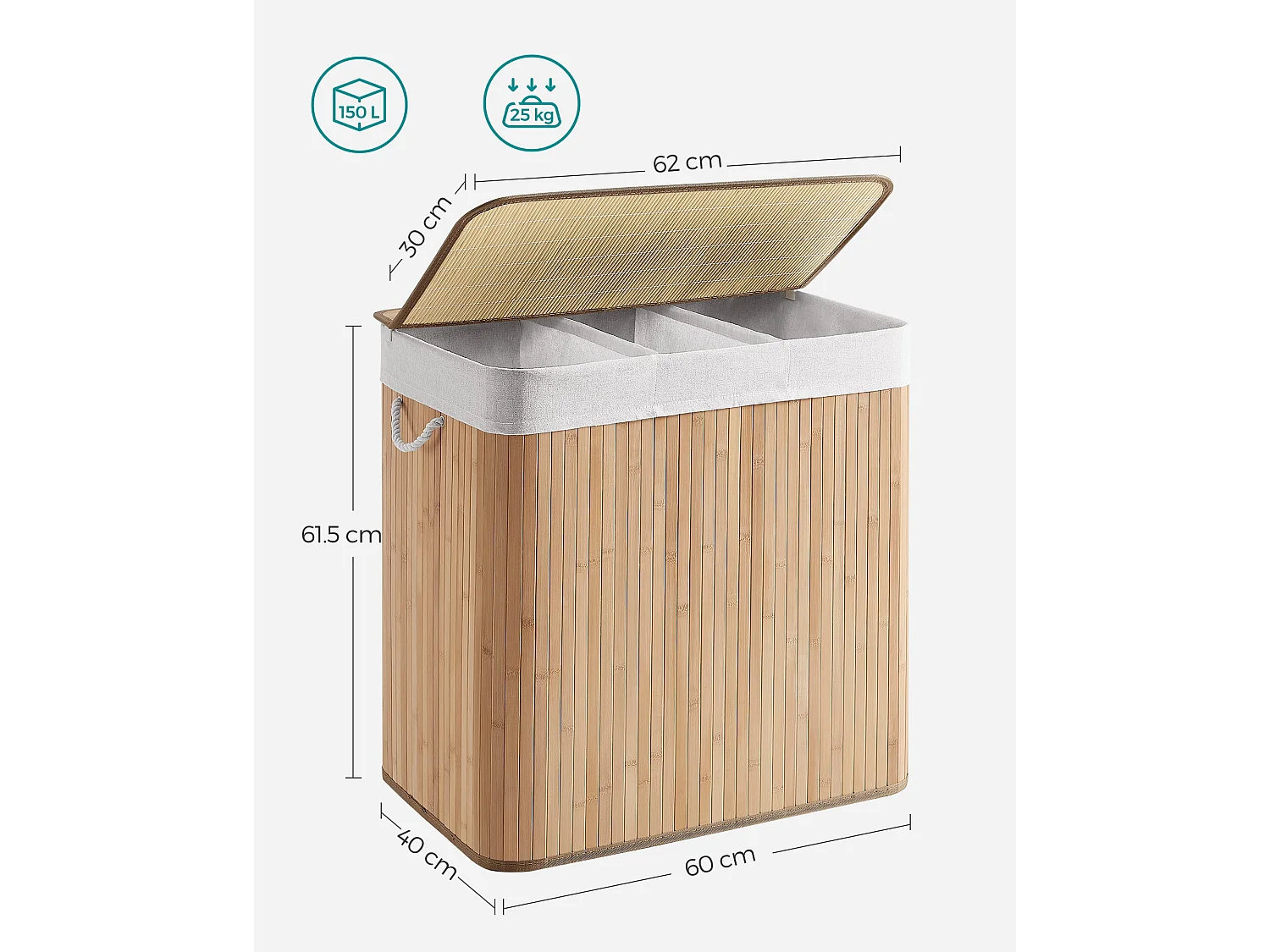 Cesta para la colada de bambú natural Valora de 3 compartimentos y 150 l con tapa