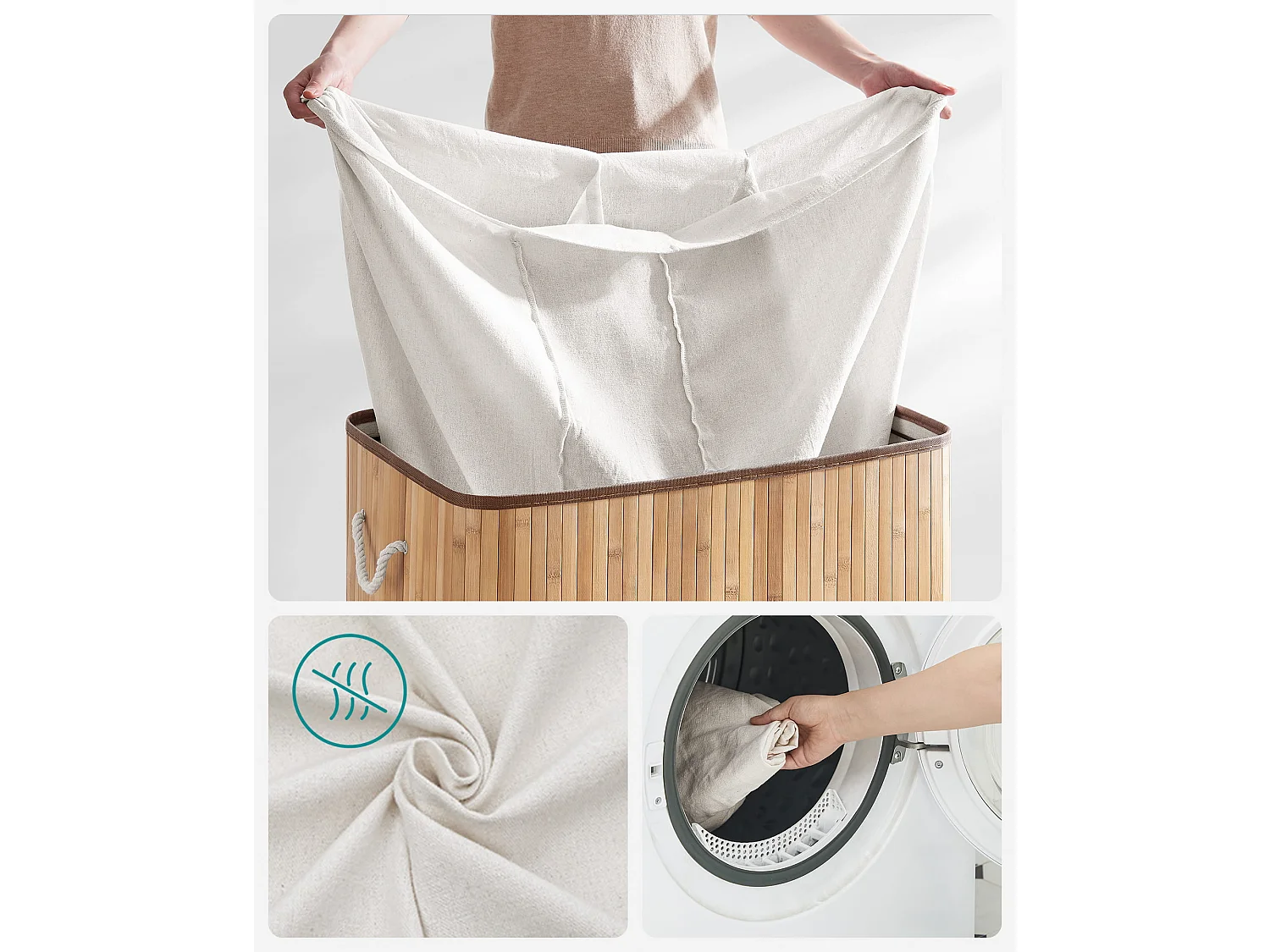 Cesta para la colada de bambú natural Valora de 3 compartimentos y 150 l con tapa