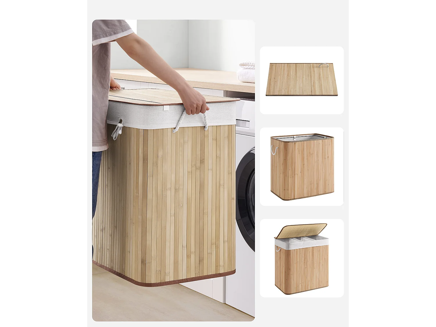 Cesta para la colada de bambú natural Valora de 3 compartimentos y 150 l con tapa