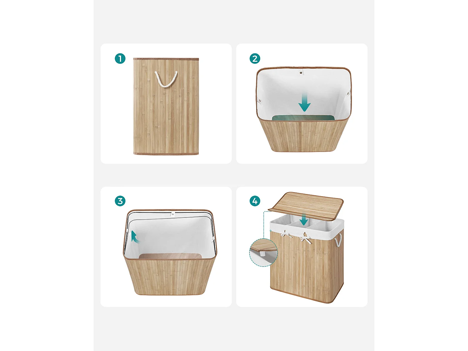 Cesta para la colada de bambú natural Valora de 3 compartimentos y 150 l con tapa