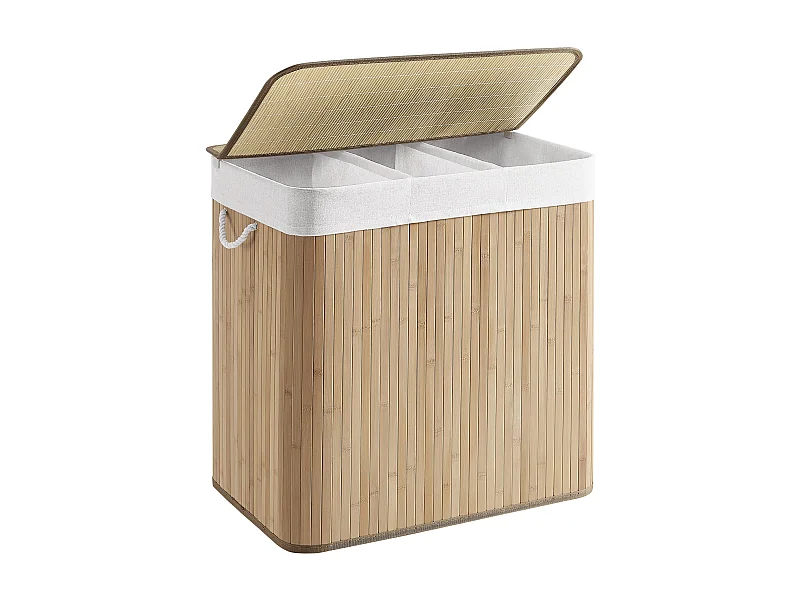 Panier à linge Valora en bambou naturel 3 compartiments 150 L avec couvercle