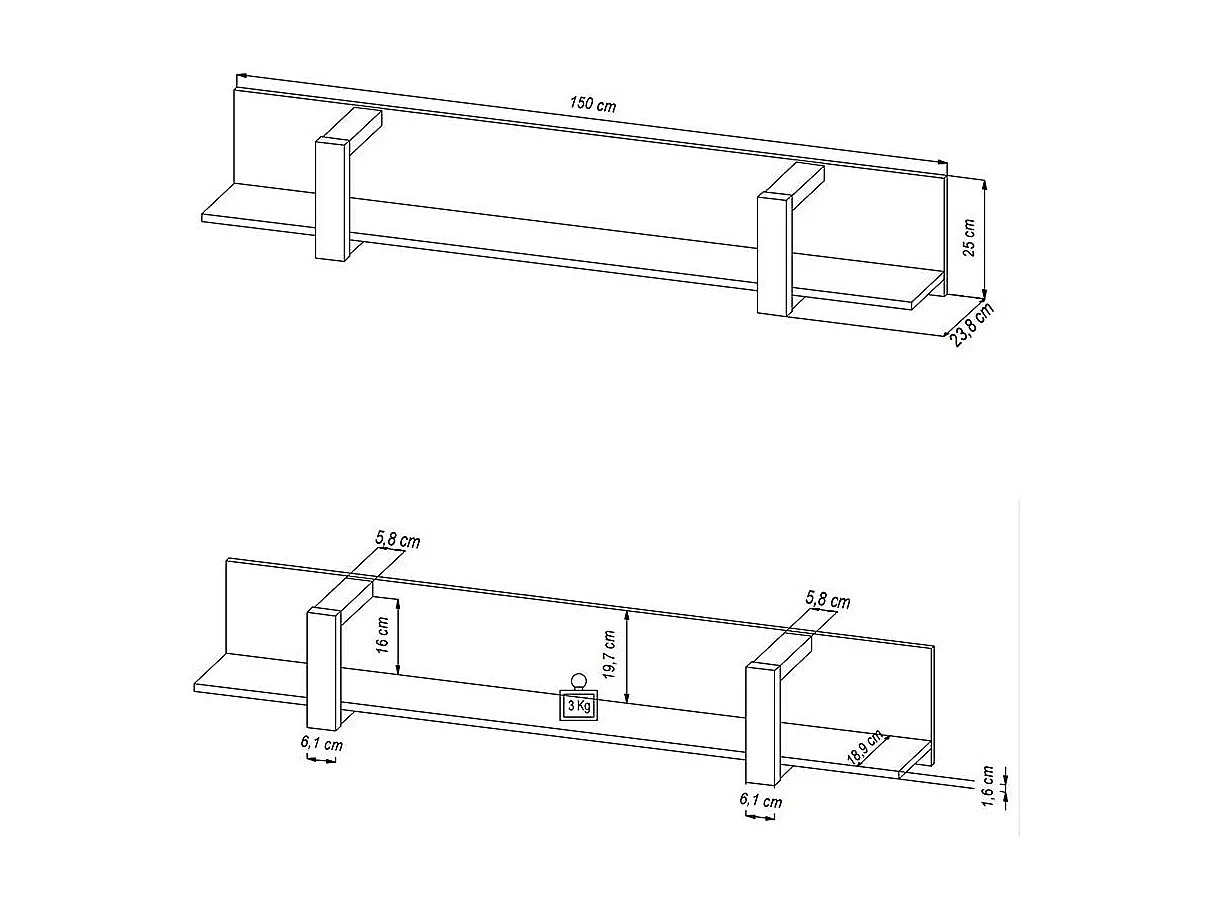 Wandregal modern in Schwarz 25 cm hoch 24 cm tief