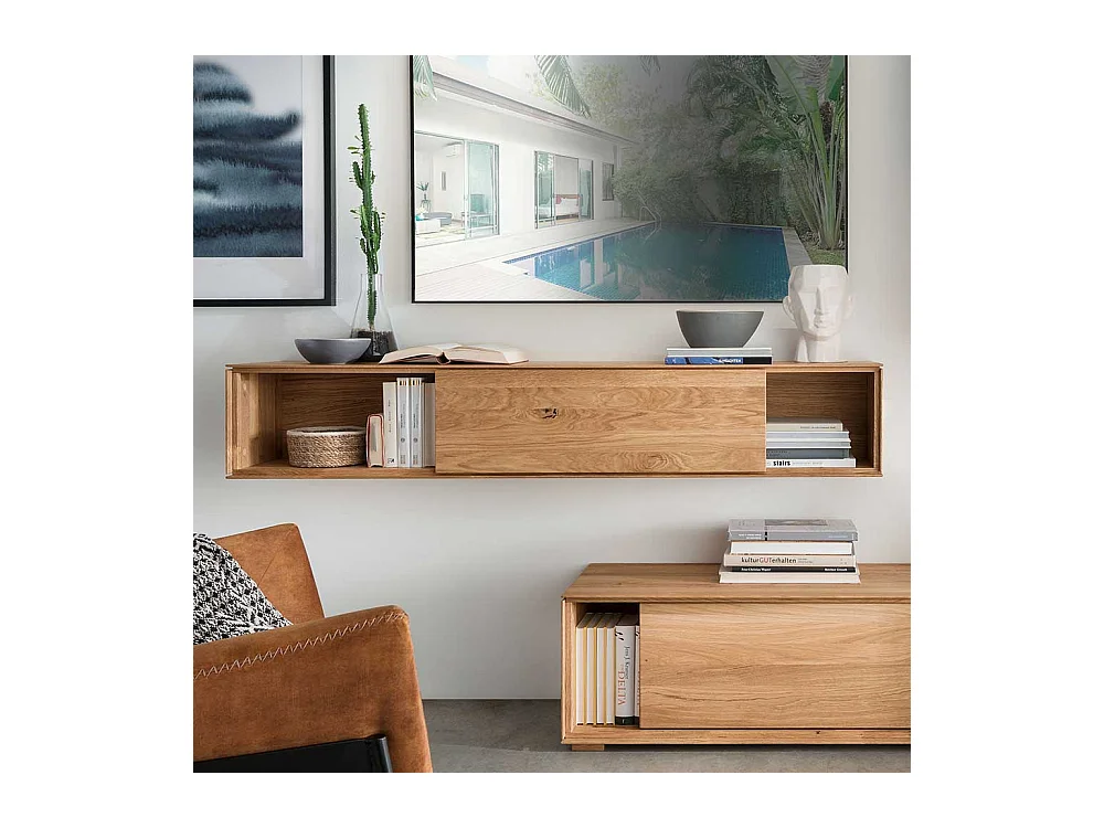 Wohnzimmer Regal aus Wildeiche Massivholz mit Schiebetür
