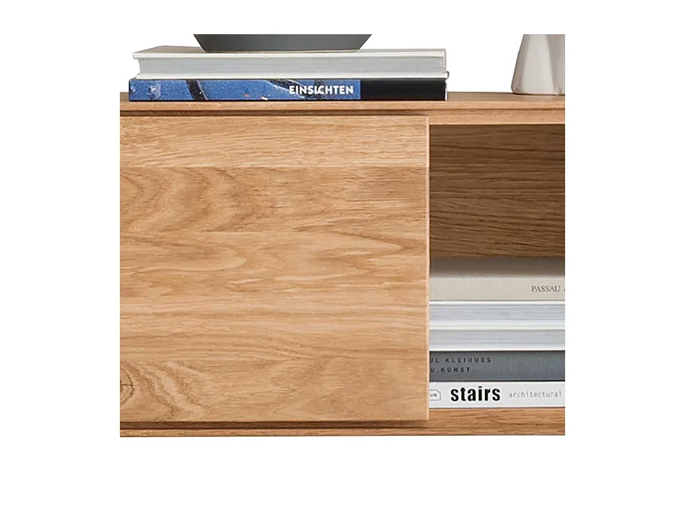 Wohnzimmer Regal aus Wildeiche Massivholz mit Schiebetür