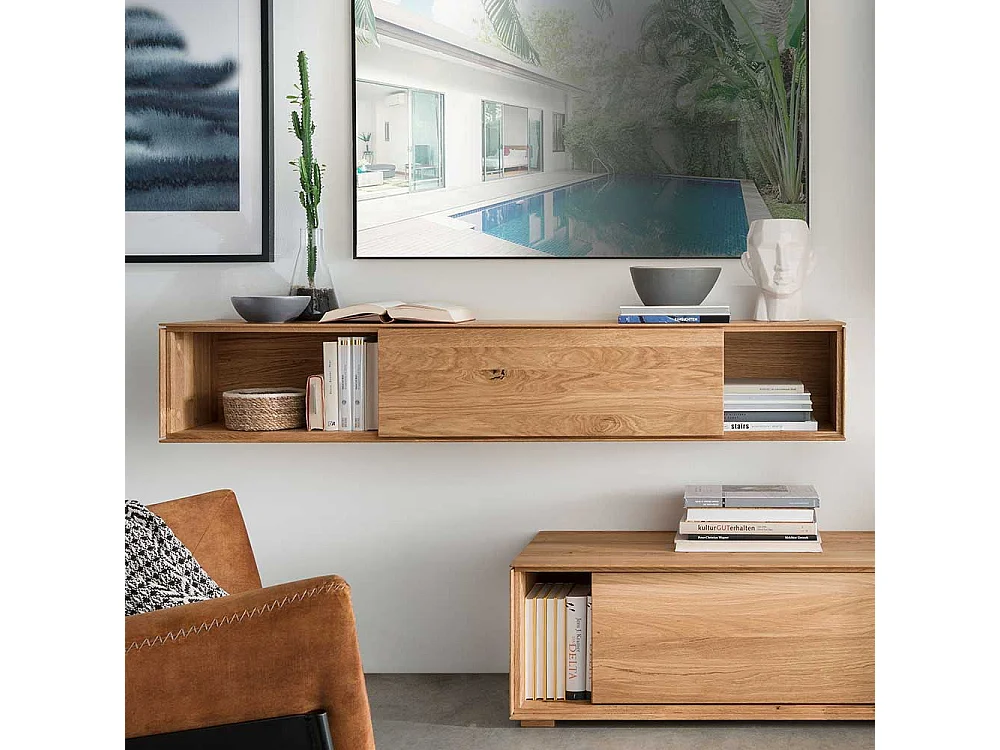 Wohnzimmer Regal aus Wildeiche Massivholz mit Schiebetür