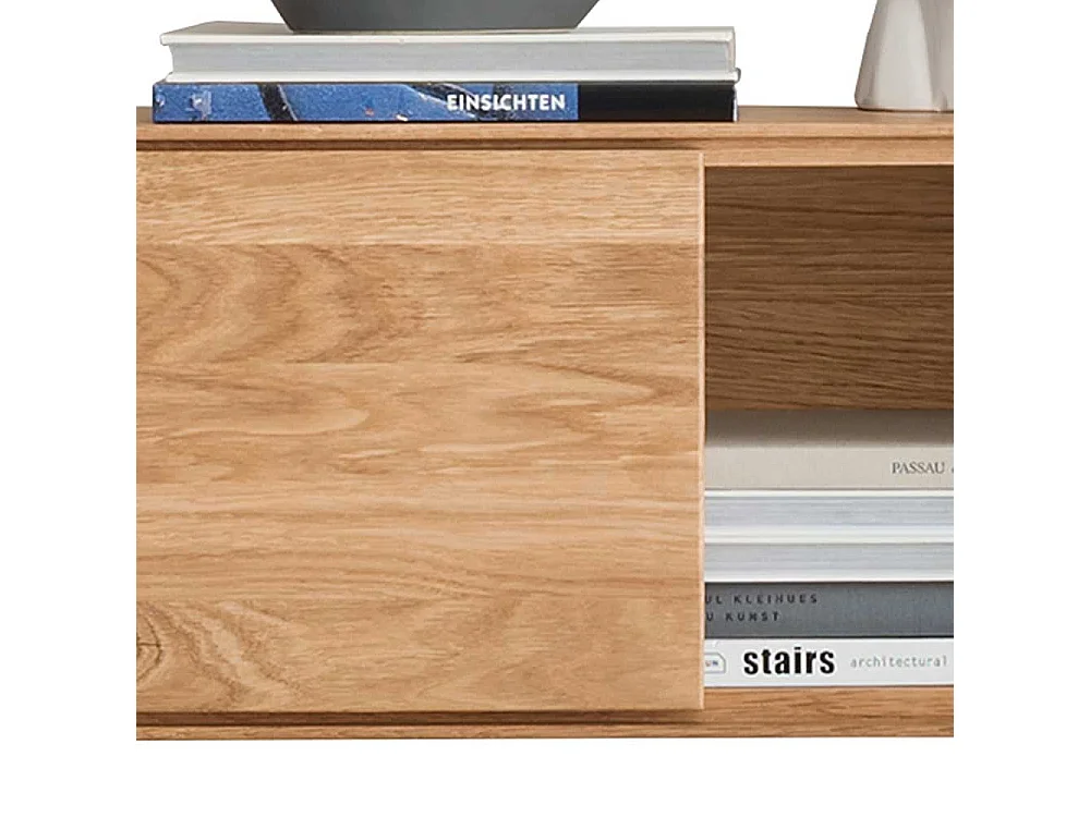 Wohnzimmer Regal aus Wildeiche Massivholz mit Schiebetür