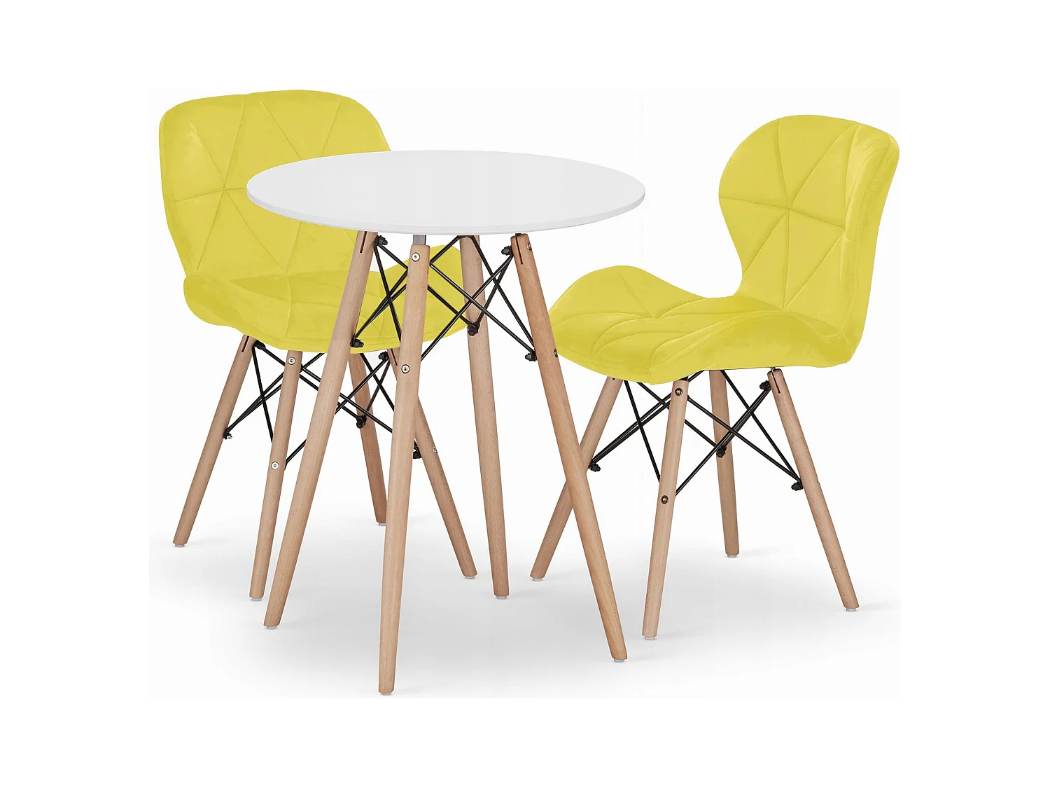 Valora Esszimmerset | KOVA 60 cm weißer runder Tisch + 2 WAKO gelbe Stühle