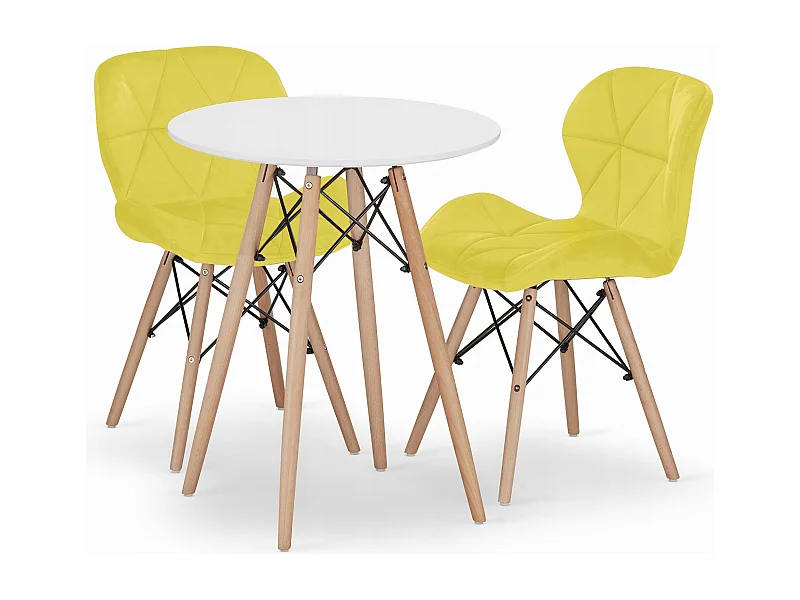 Ensemble Valora – Table ronde blanche KOVA Ø60 + 2 chaises jaunes WAKO