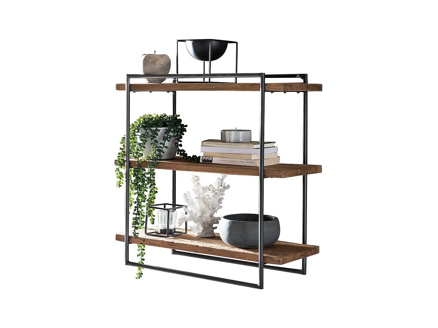 Wandhängeregal 60 cm hoch aus Teak Altholz und Metall