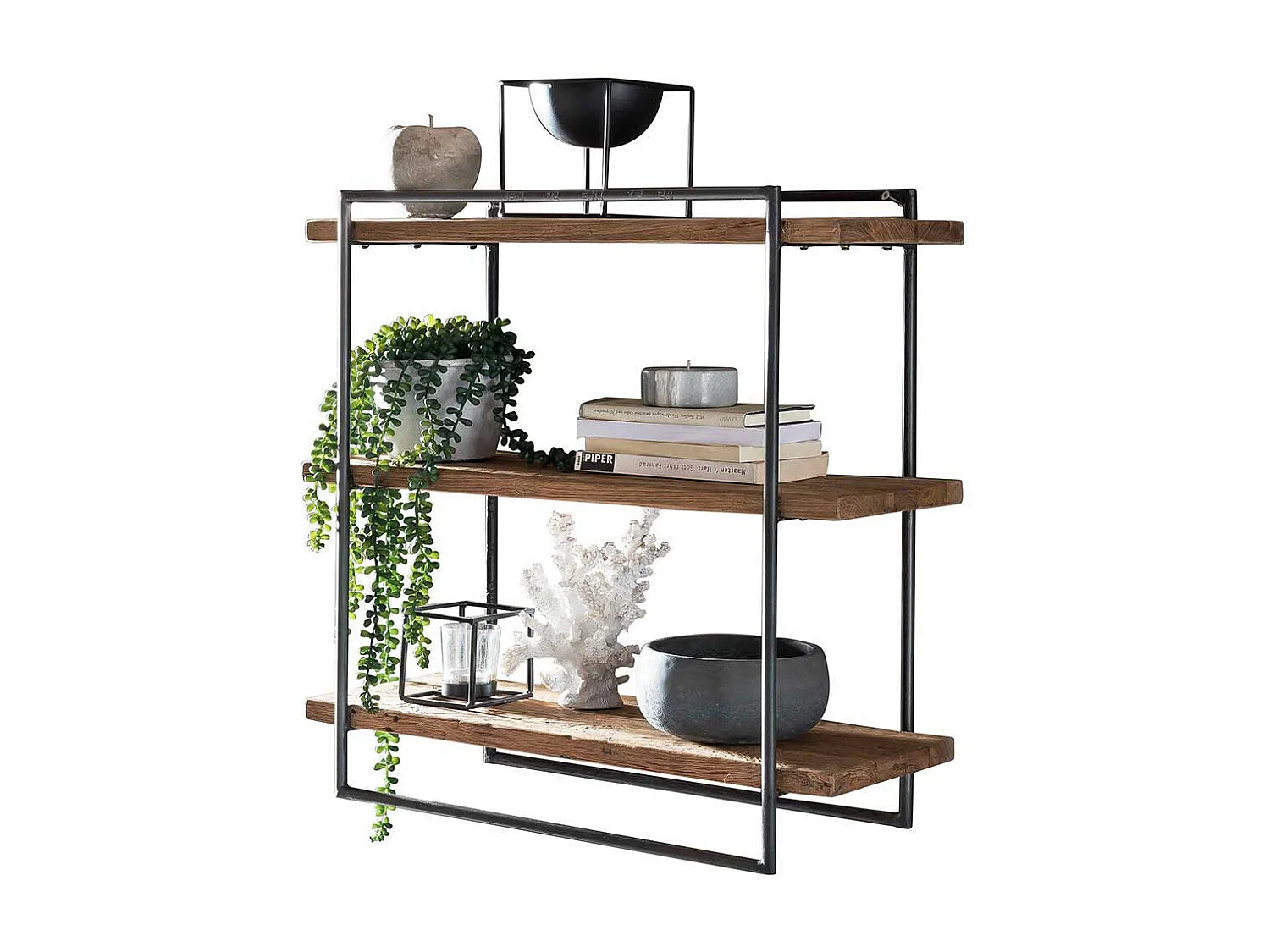 Wandhängeregal 60 cm hoch aus Teak Altholz und Metall