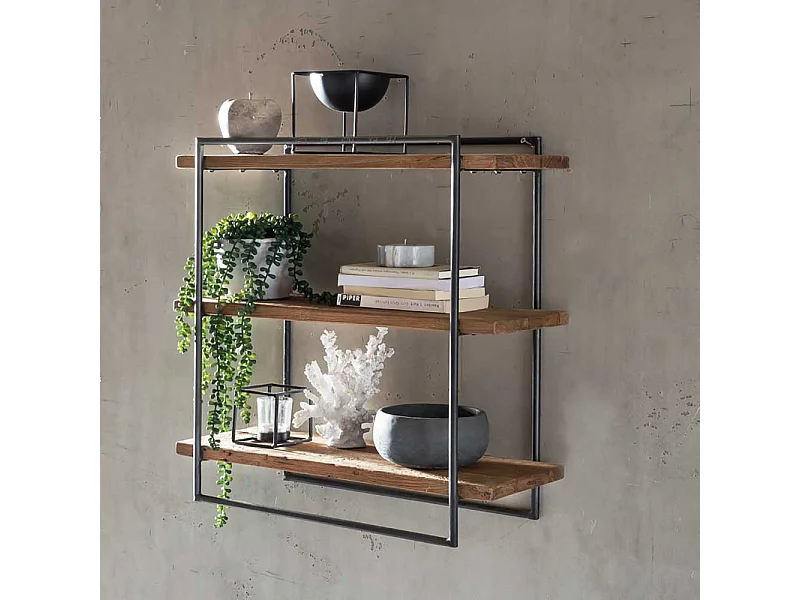 Wandhängeregal 60 cm hoch aus Teak Altholz und Metall