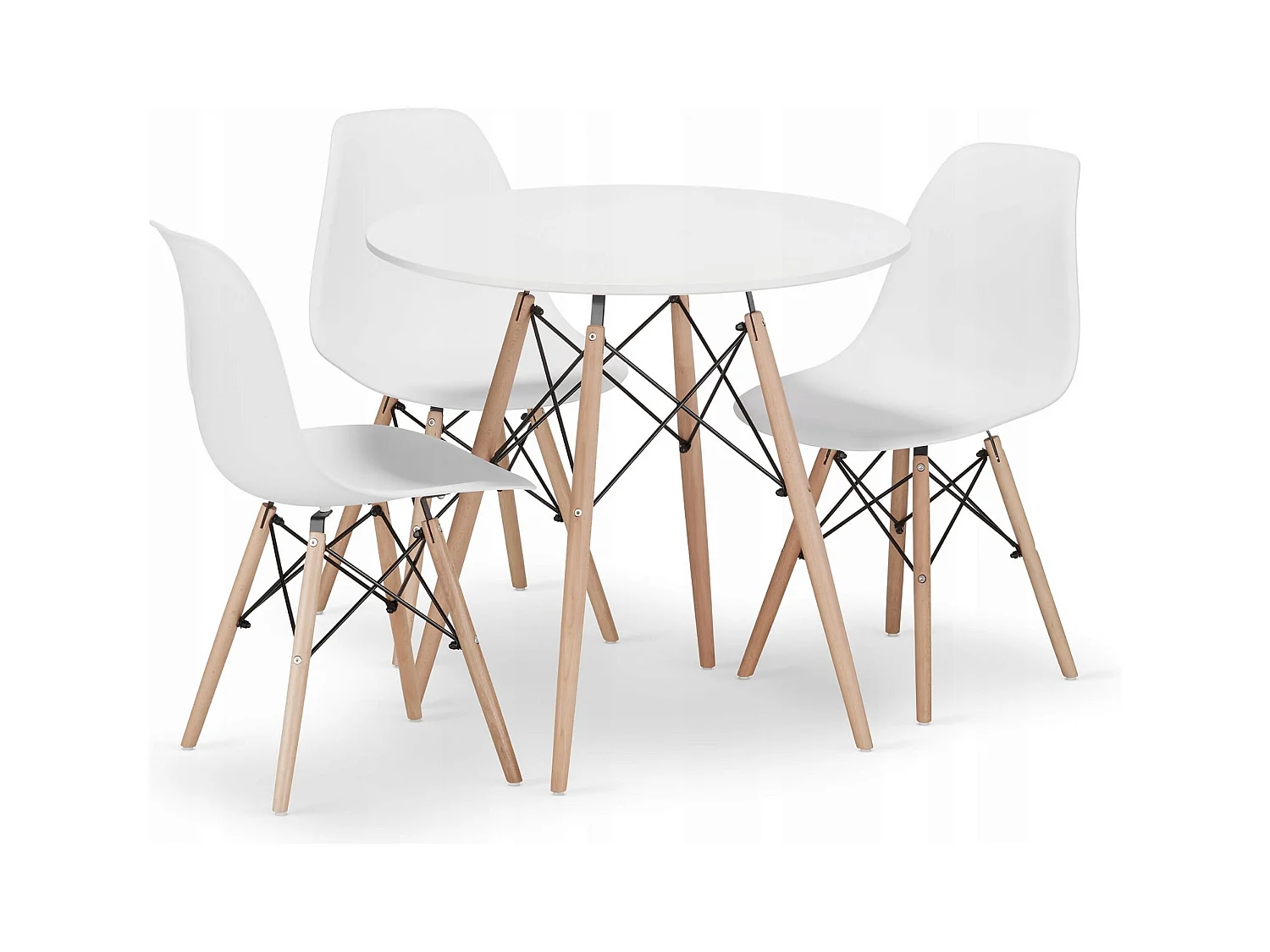 Valora KOVA Ø80 Biały okrągły stół z nogami bukowymi + 3 krzesła OSAKA