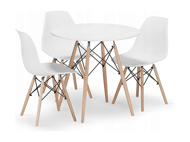 Table ronde blanche Valora KOVA Ø80 avec pieds en hêtre + 3 chaises OSAKA