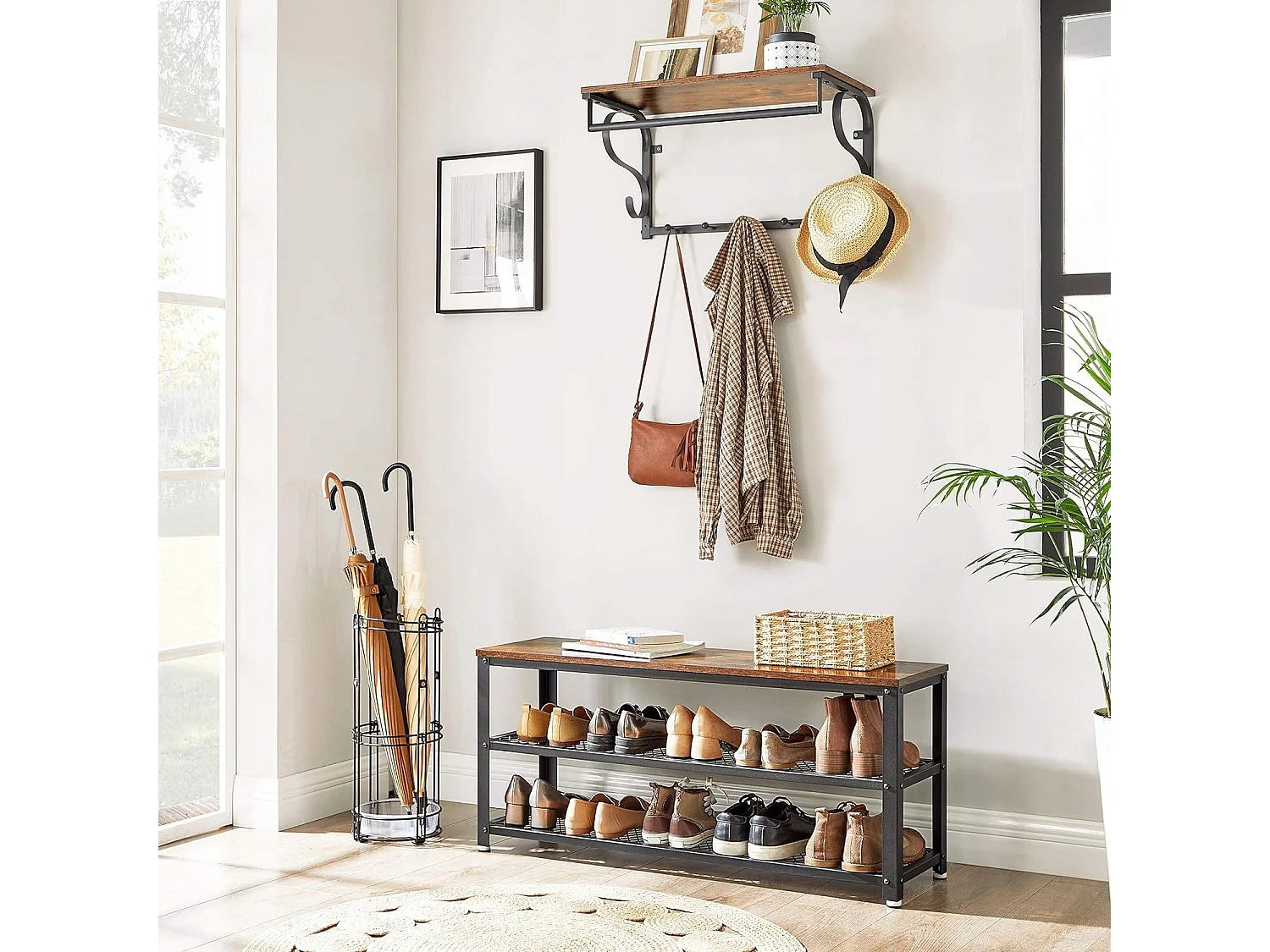 Meuble à chaussures rustique Valora marron avec assise et cadre en acier | Élégant