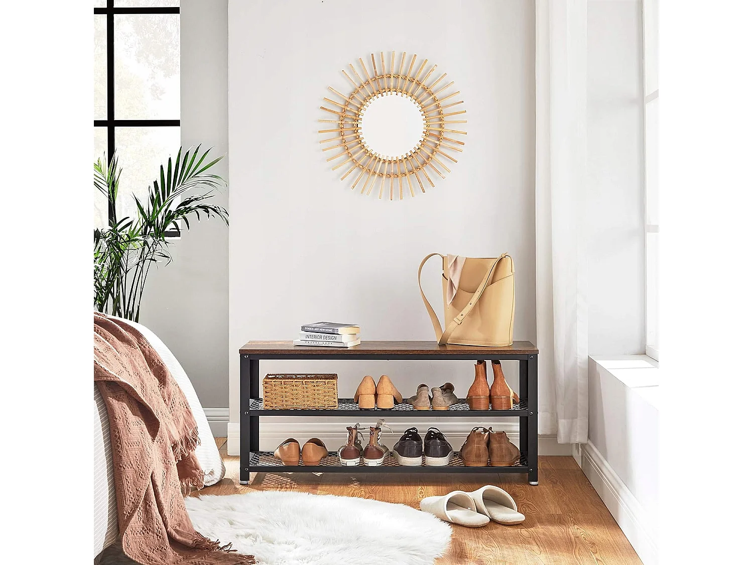 Meuble à chaussures rustique Valora marron avec assise et cadre en acier | Élégant