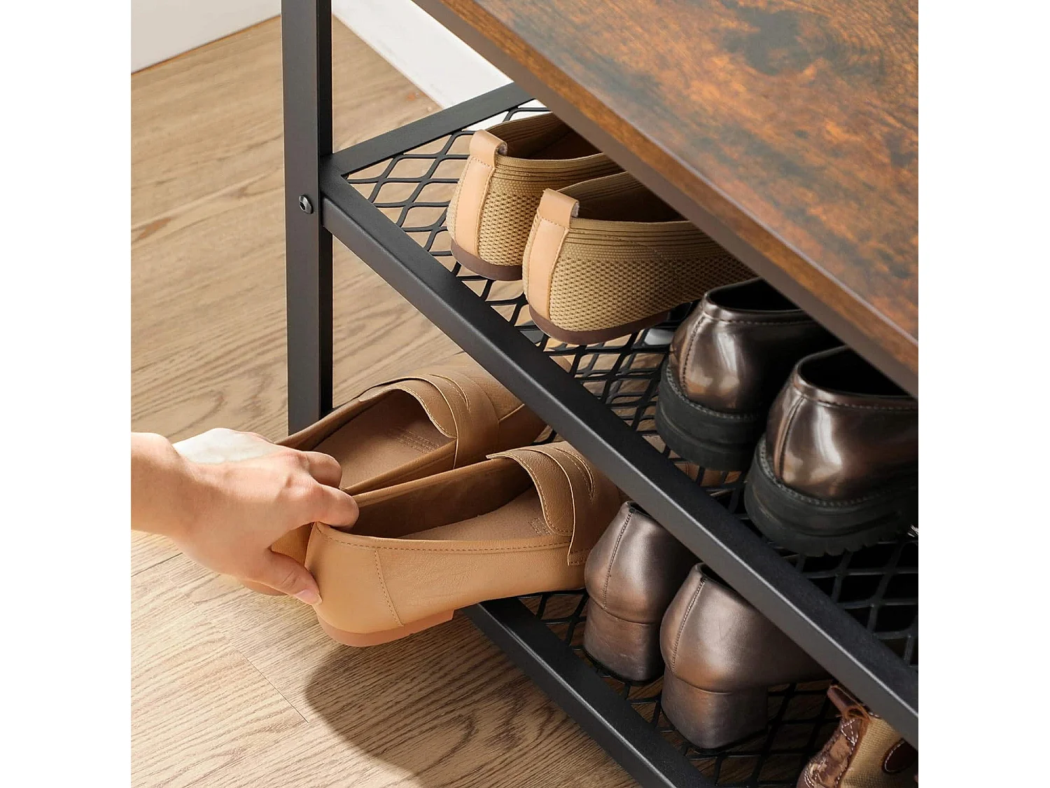 Meuble à chaussures rustique Valora marron avec assise et cadre en acier | Élégant