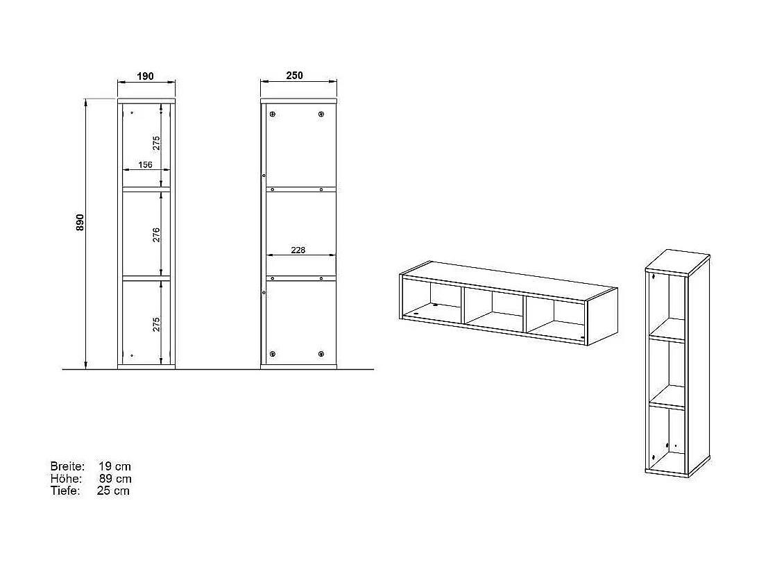 Wandregal Hängeregal mit drei offenen Fächern in Grau