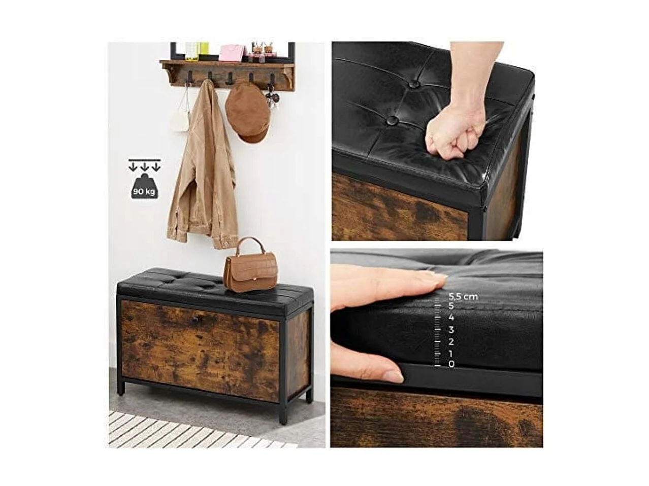 Zapatero rústico marrón Valora con asiento suave, estilo loft y moderno