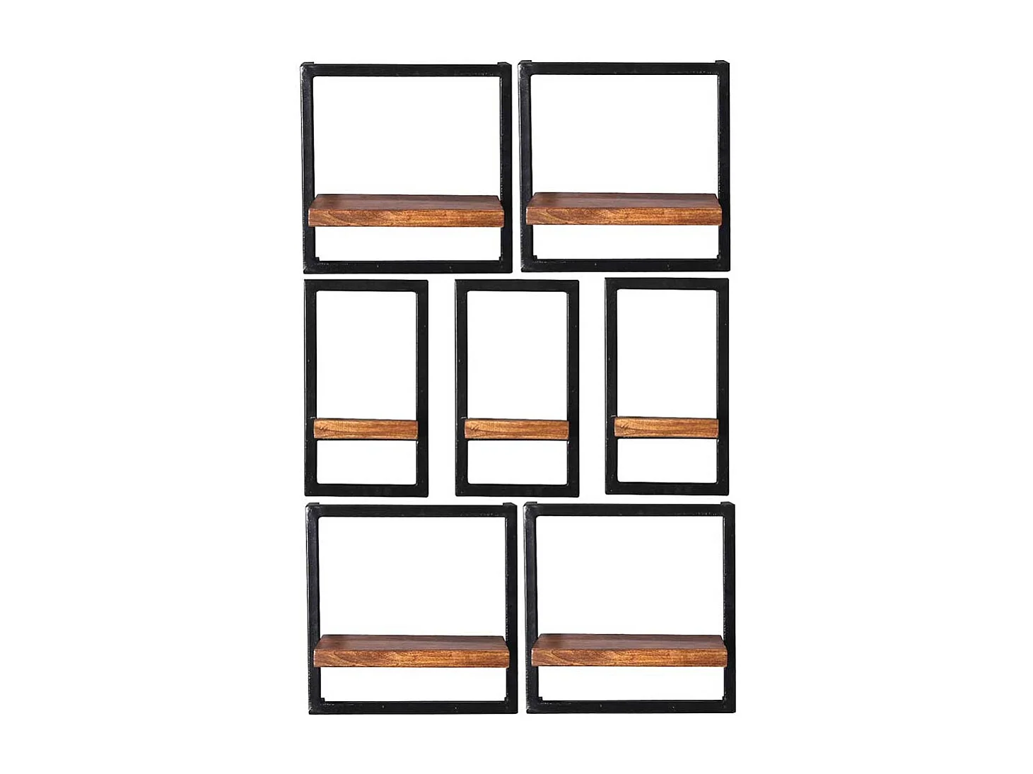 Echtholz Regale mit Metallrahmen zum Aufhängen (siebenteilig)