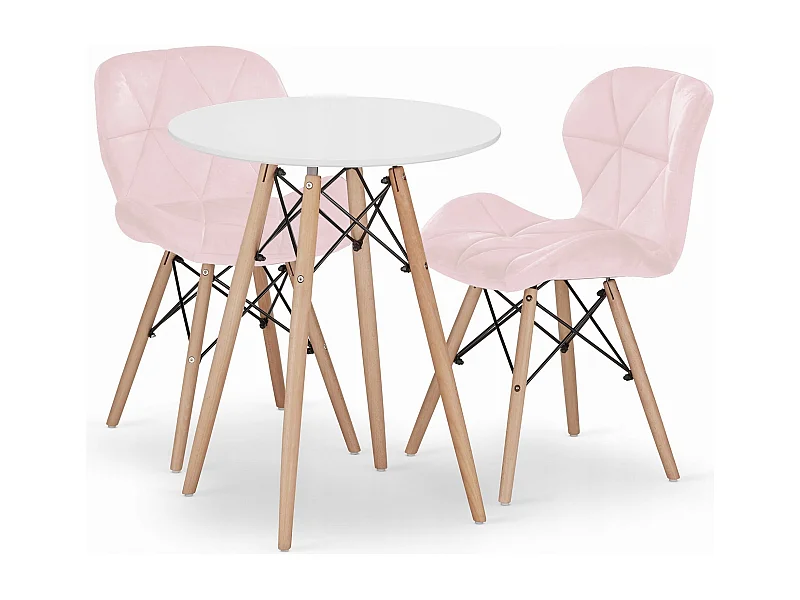 Valora Esszimmerset | KOVA 60 cm weißer runder Tisch + 2 WAKO rosa Stühle