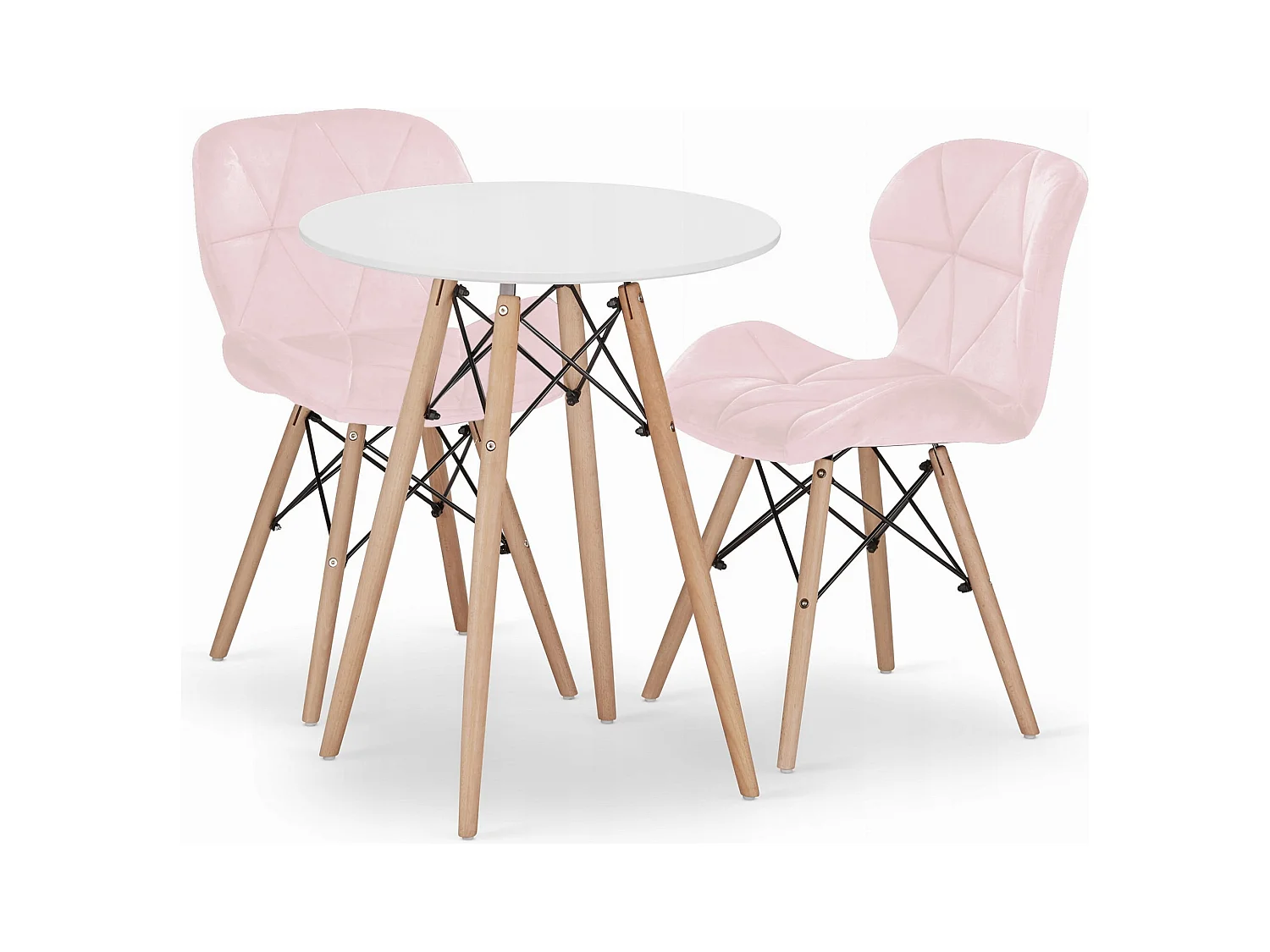 Valora Esszimmerset | KOVA 60 cm weißer runder Tisch + 2 WAKO rosa Stühle