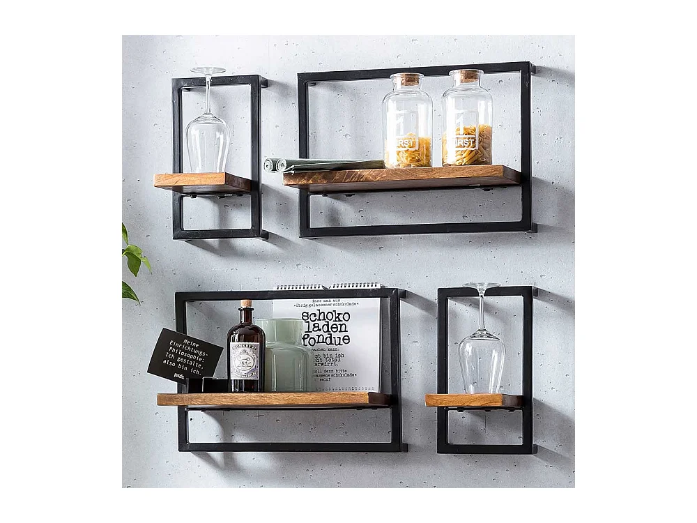 Hängeregal Gruppe aus Mangobaum Massivholz Metall (vierteilig)