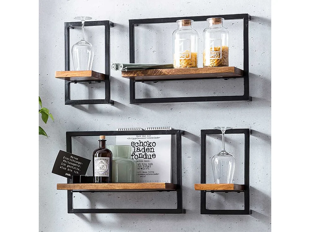 Hängeregal Gruppe aus Mangobaum Massivholz Metall (vierteilig)