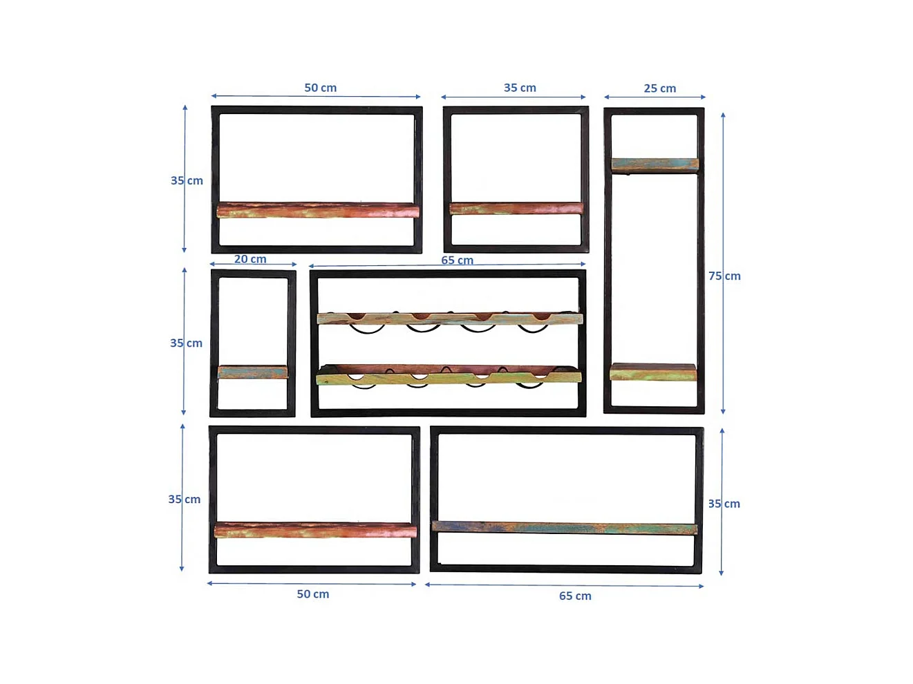 Regale mit Flaschenhalter aus Recyclingholz Metall (siebenteilig)