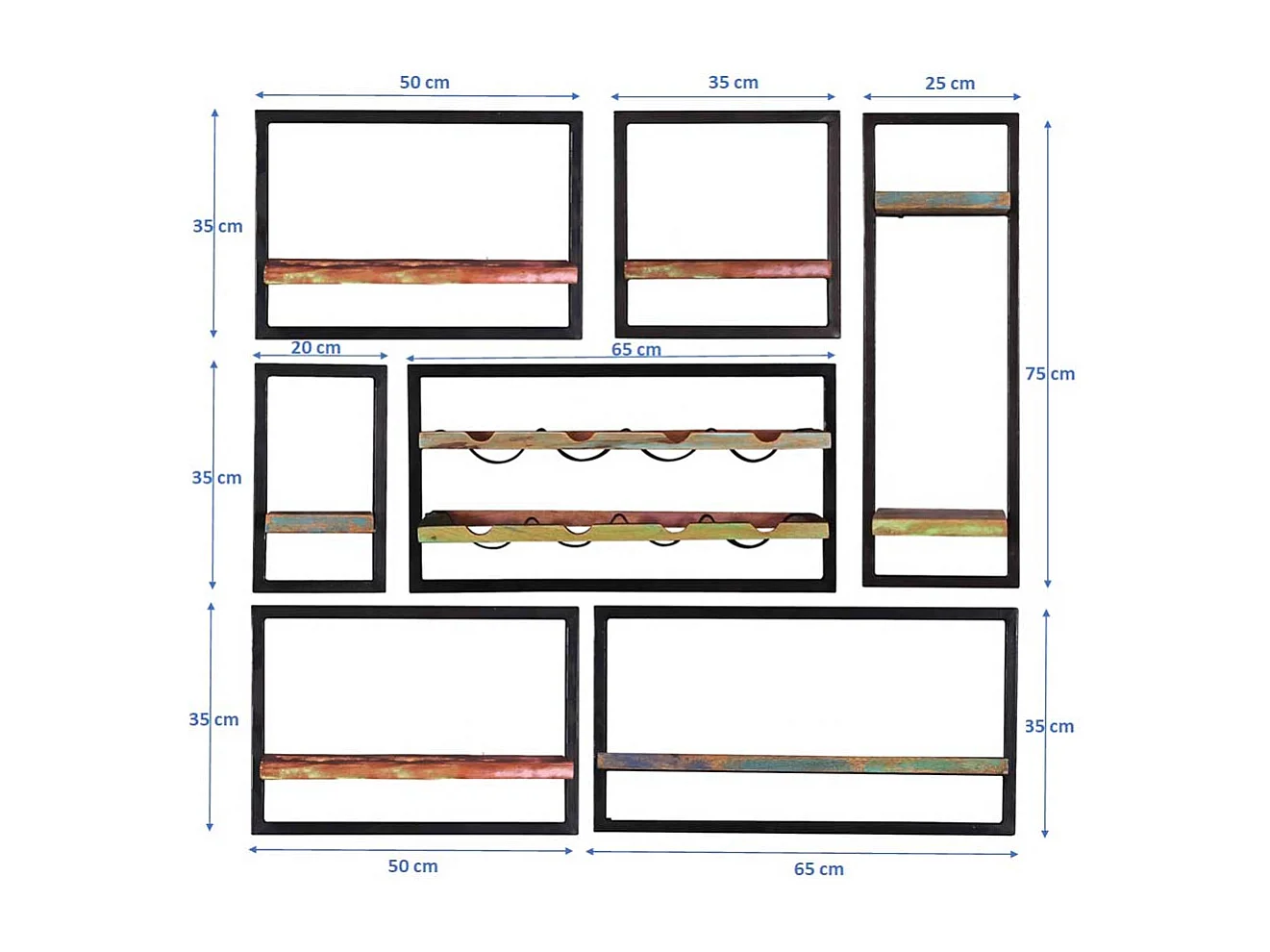 Regale mit Flaschenhalter aus Recyclingholz Metall (siebenteilig)