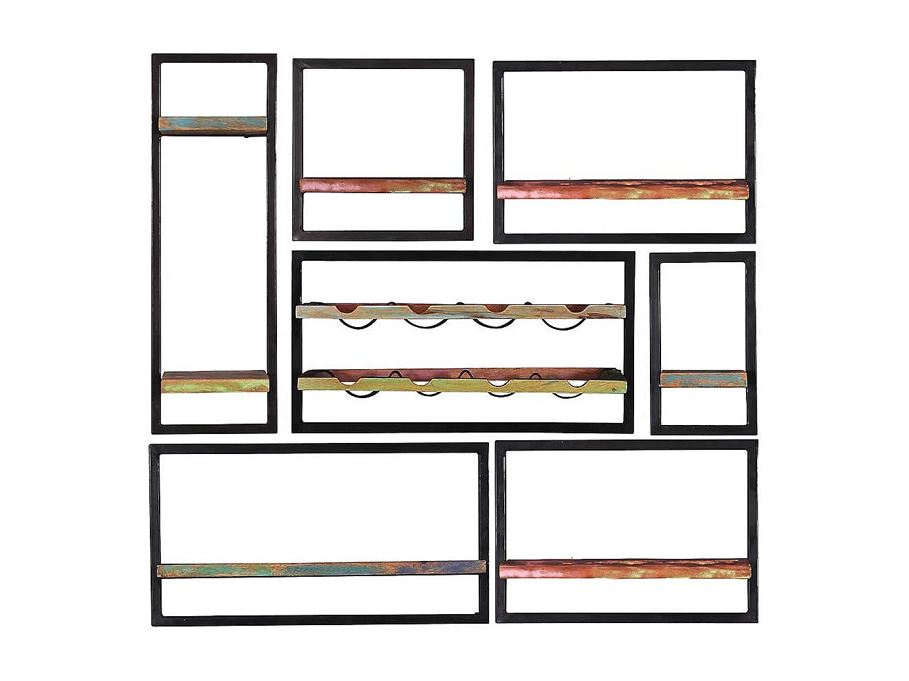 Regale mit Flaschenhalter aus Recyclingholz Metall (siebenteilig)