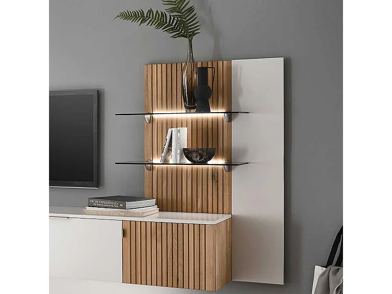 Wohnzimmerregal mit Beleuchtung in Weiß und Eiche Bianco 28 cm tief