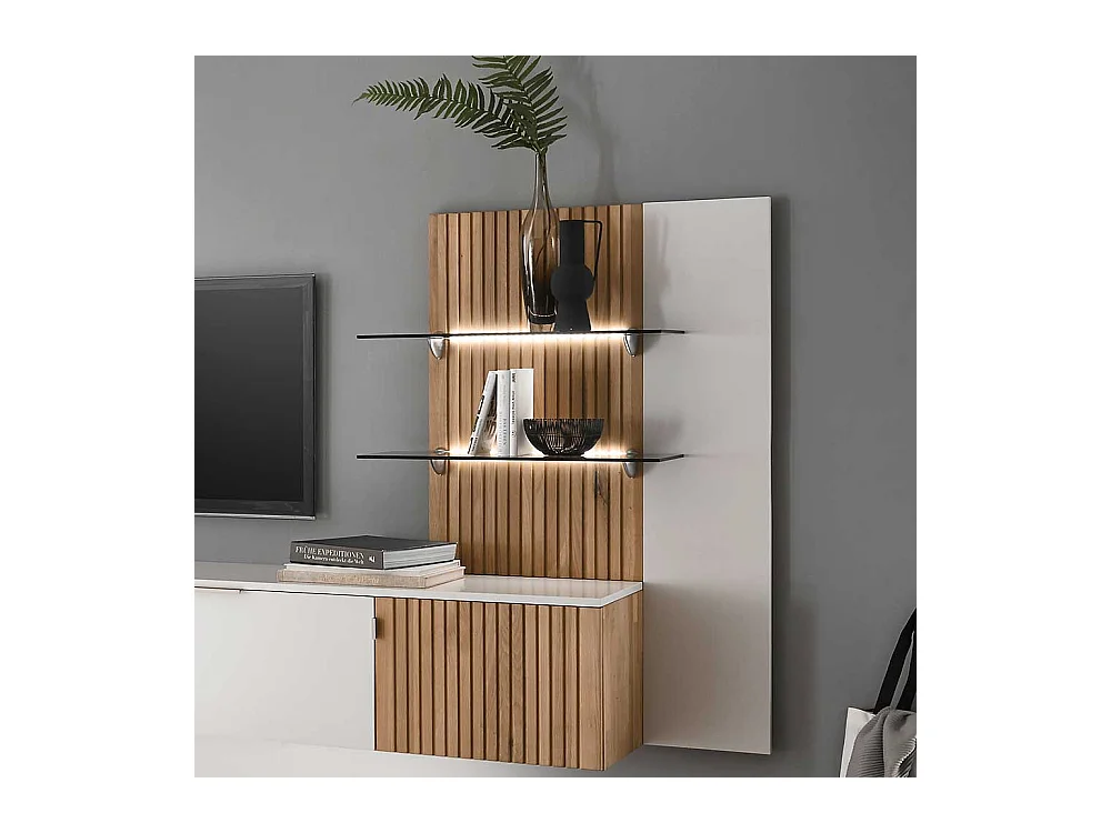 Wohnzimmerregal mit Beleuchtung in Weiß und Eiche Bianco 28 cm tief