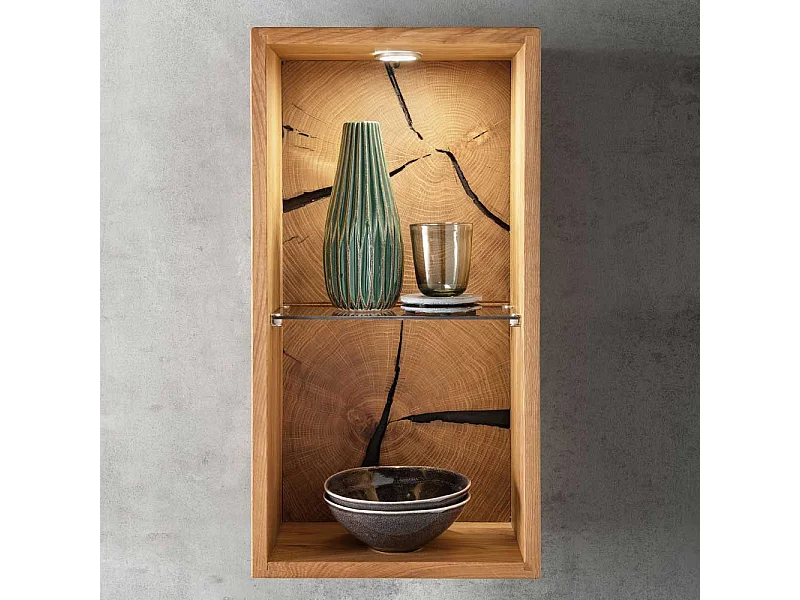 Hängeregal Wildeiche geölt mit Hirnholz Rückwand ein Glasboden