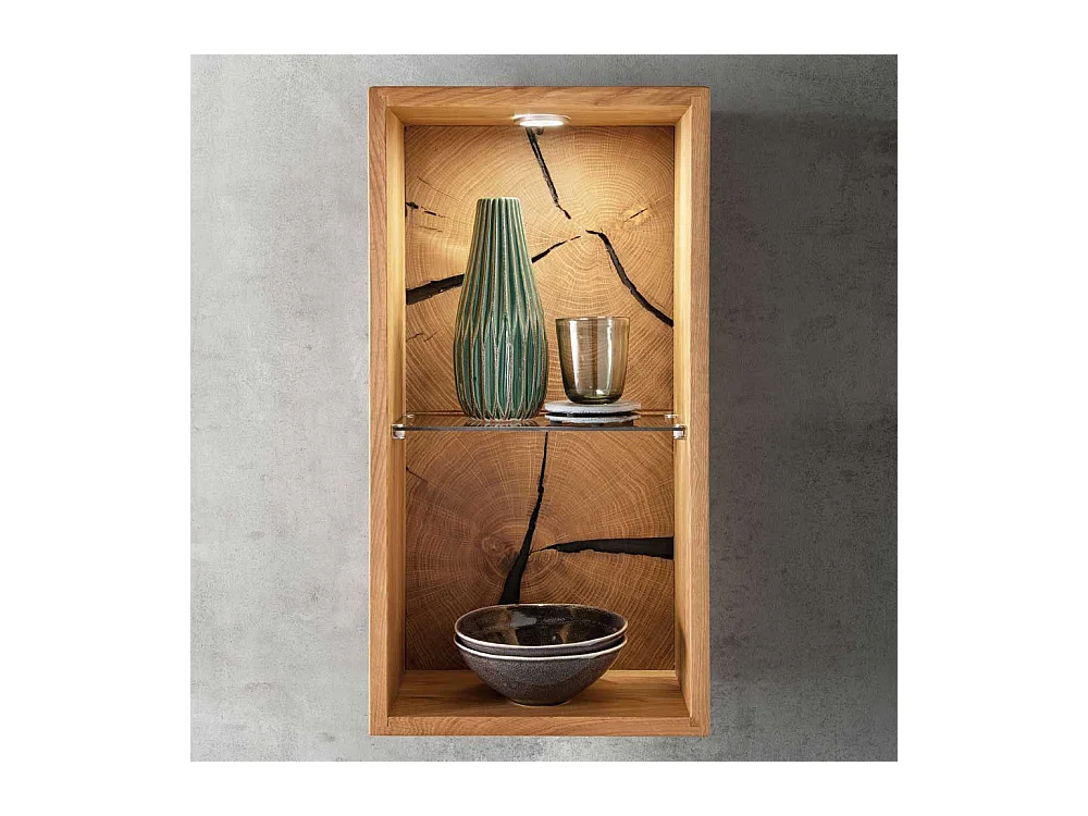 Hängeregal Wildeiche geölt mit Hirnholz Rückwand ein Glasboden