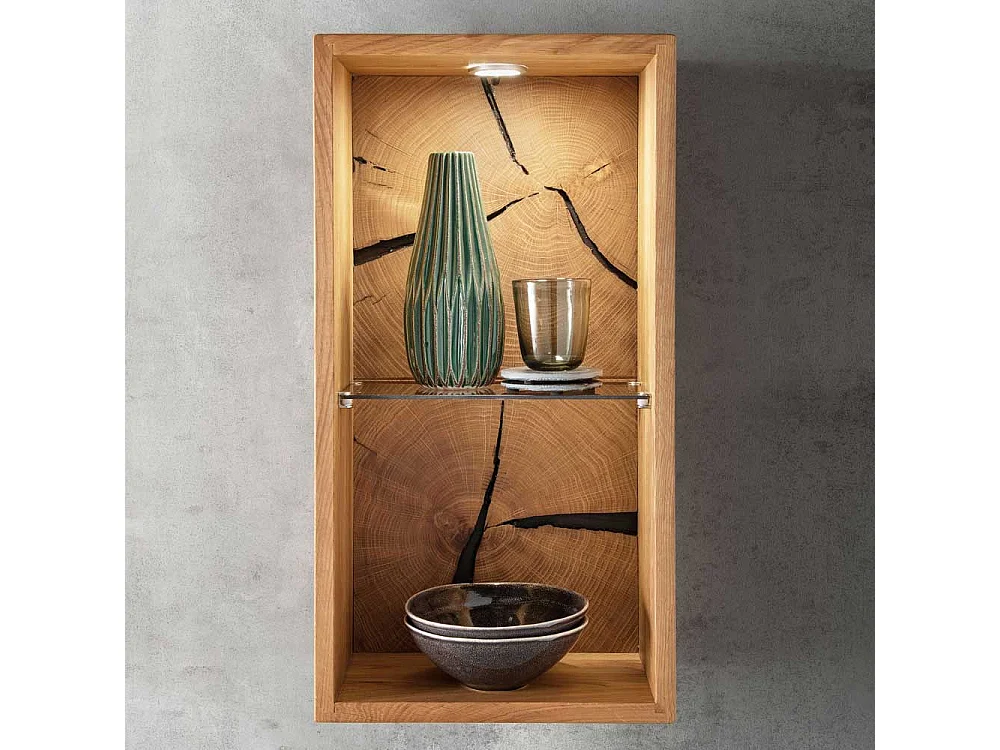 Hängeregal Wildeiche geölt mit Hirnholz Rückwand ein Glasboden