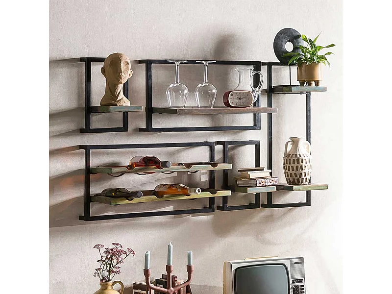 Shabby Regal Set mit Weinaufbewahrung Schwarz und Bunt (fünfteilig)