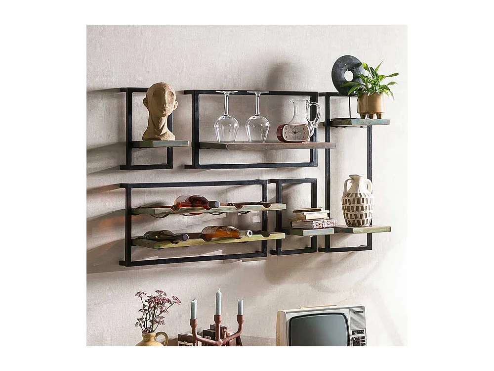 Shabby Regal Set mit Weinaufbewahrung Schwarz und Bunt (fünfteilig)