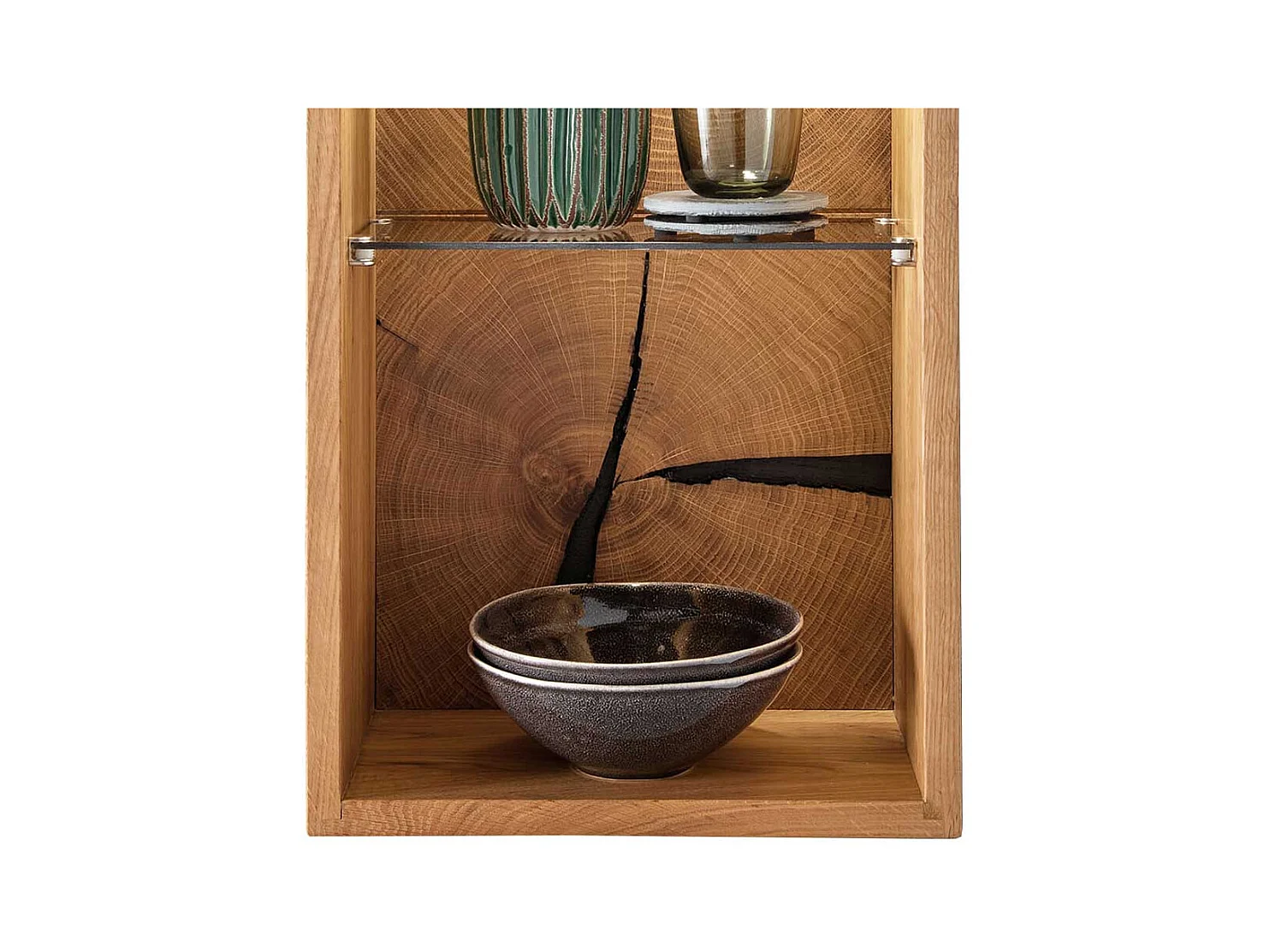 Hängeregal Wildeiche geölt mit Hirnholz Rückwand ein Glasboden