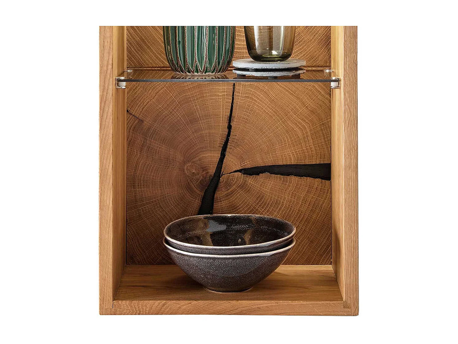 Hängeregal Wildeiche geölt mit Hirnholz Rückwand ein Glasboden