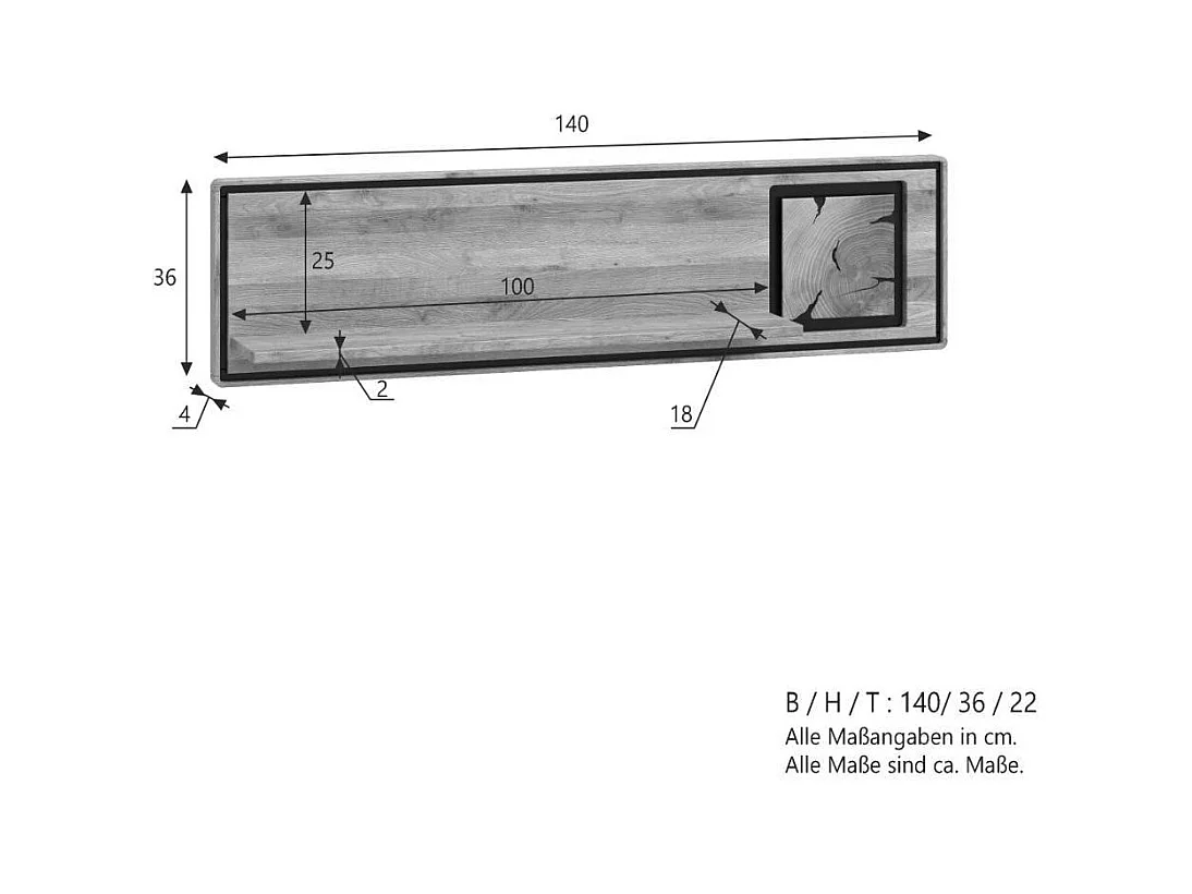 Wandboard Hängeregal mit Hirnholz Applikation 140 cm breit