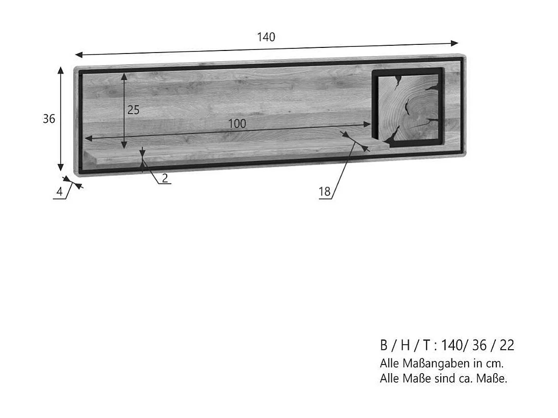 Wandboard Hängeregal mit Hirnholz Applikation 140 cm breit