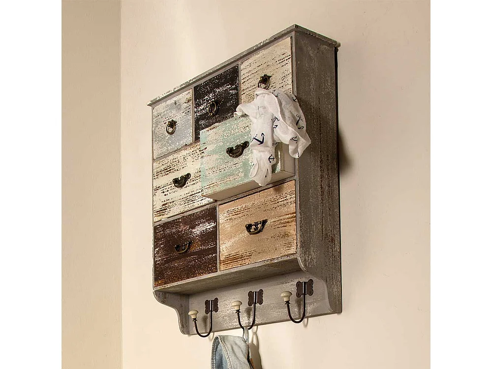 Wand Regal mit Schubladen und drei Kleiderhaken Shabby Chic Stil