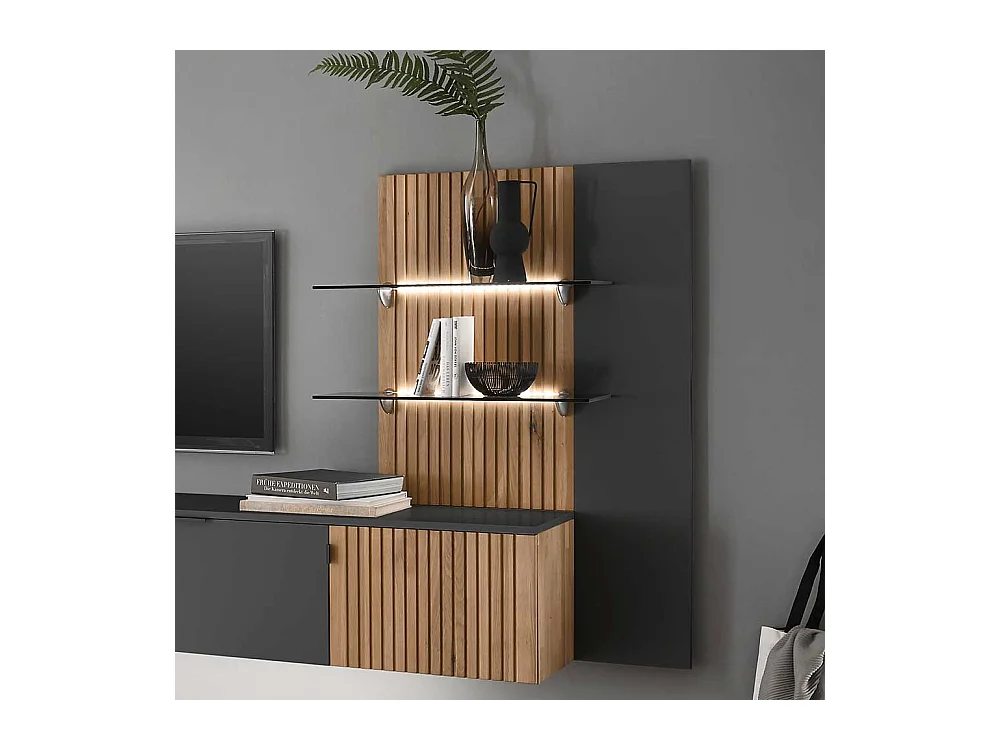 Modernes Hängeregal in Eiche Bianco und Anthrazit mit Glasböden