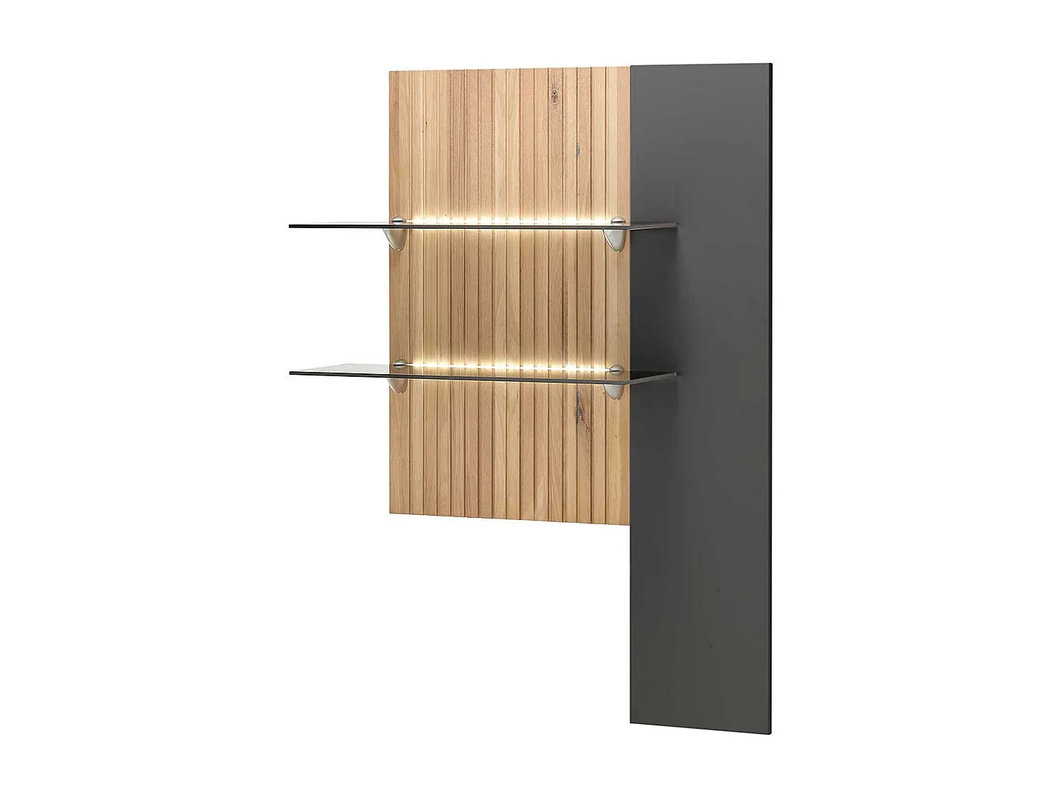 Modernes Hängeregal in Eiche Bianco und Anthrazit mit Glasböden