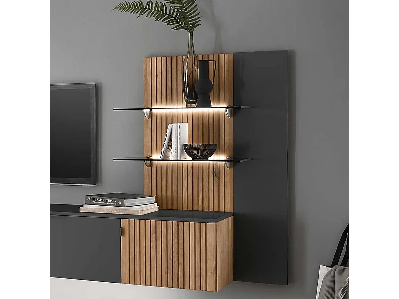 Modernes Hängeregal in Eiche Bianco und Anthrazit mit Glasböden