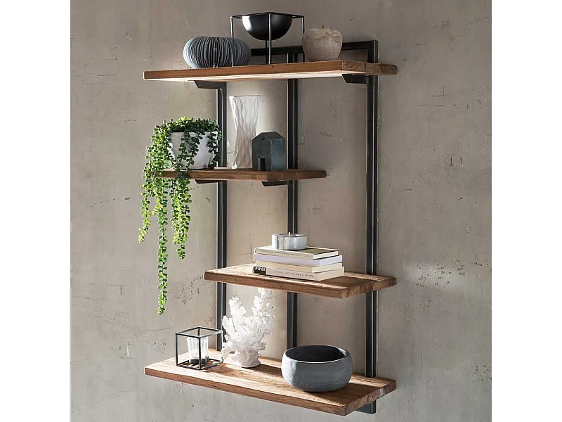 Wandregal aus Teak Altholz und Metall mit 4 Ablageböden